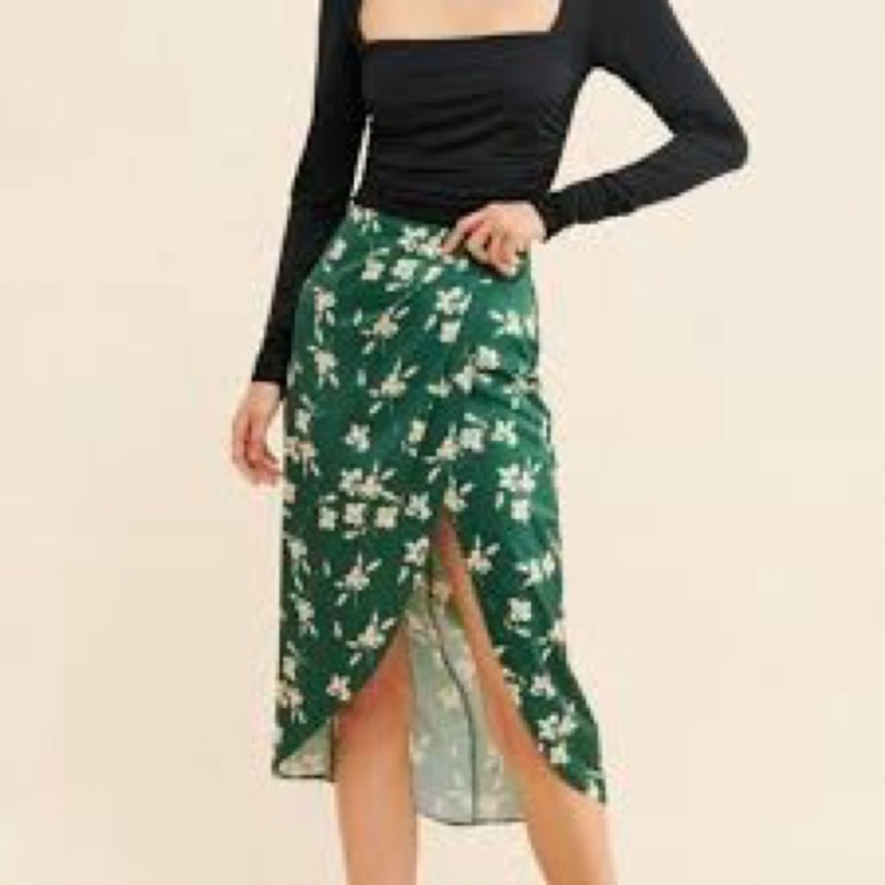 Urban Outfitters Floral Tulip Silk Wrap Midi Skirt green flowers small